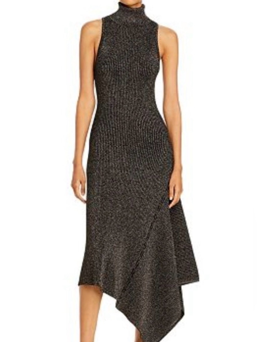 ALC Parker Fit-Flare Sleeveless Metallic Ribbed Asymmetric Knit Dress Black-Gold